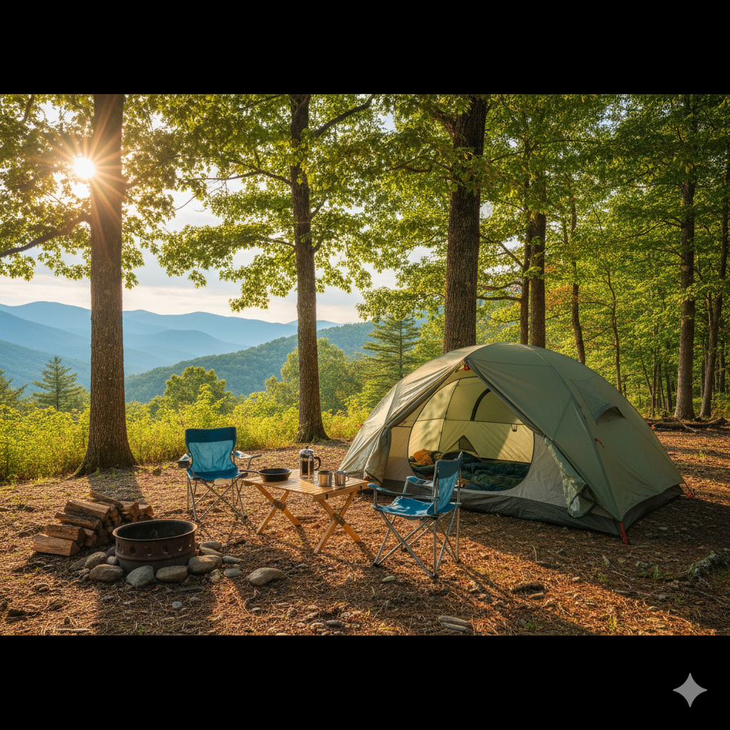 Family setting up tent at campsite with mountain views