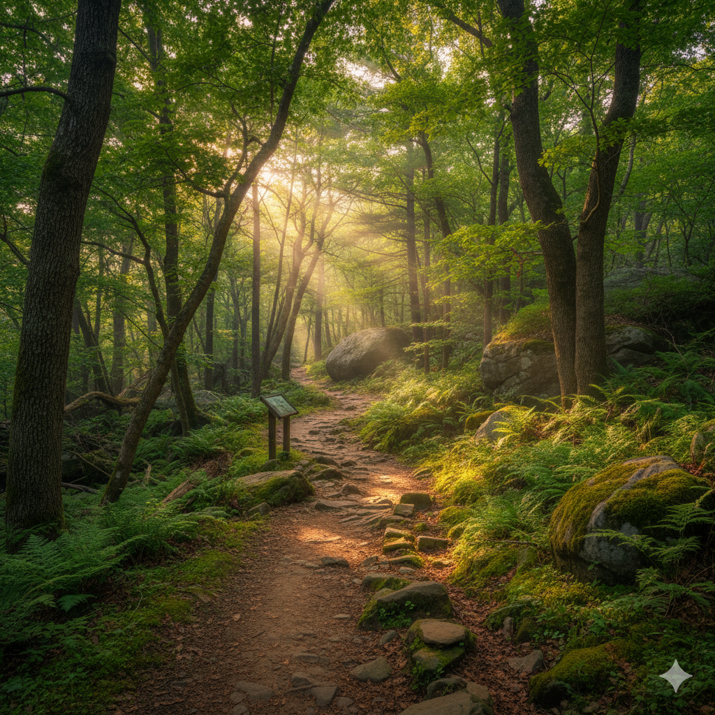 Family hiking on forest trail through nature