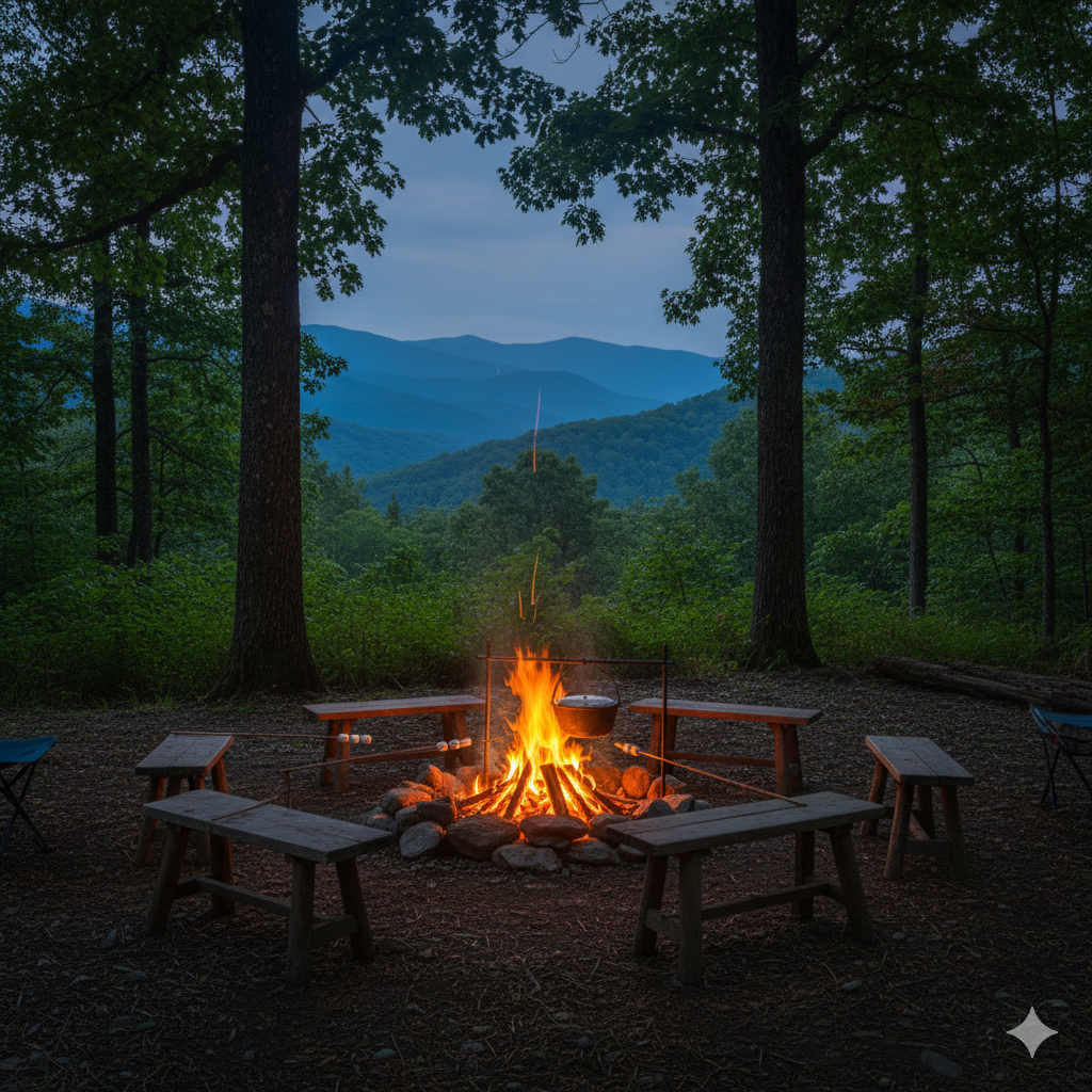 Family enjoying evening campfire activities