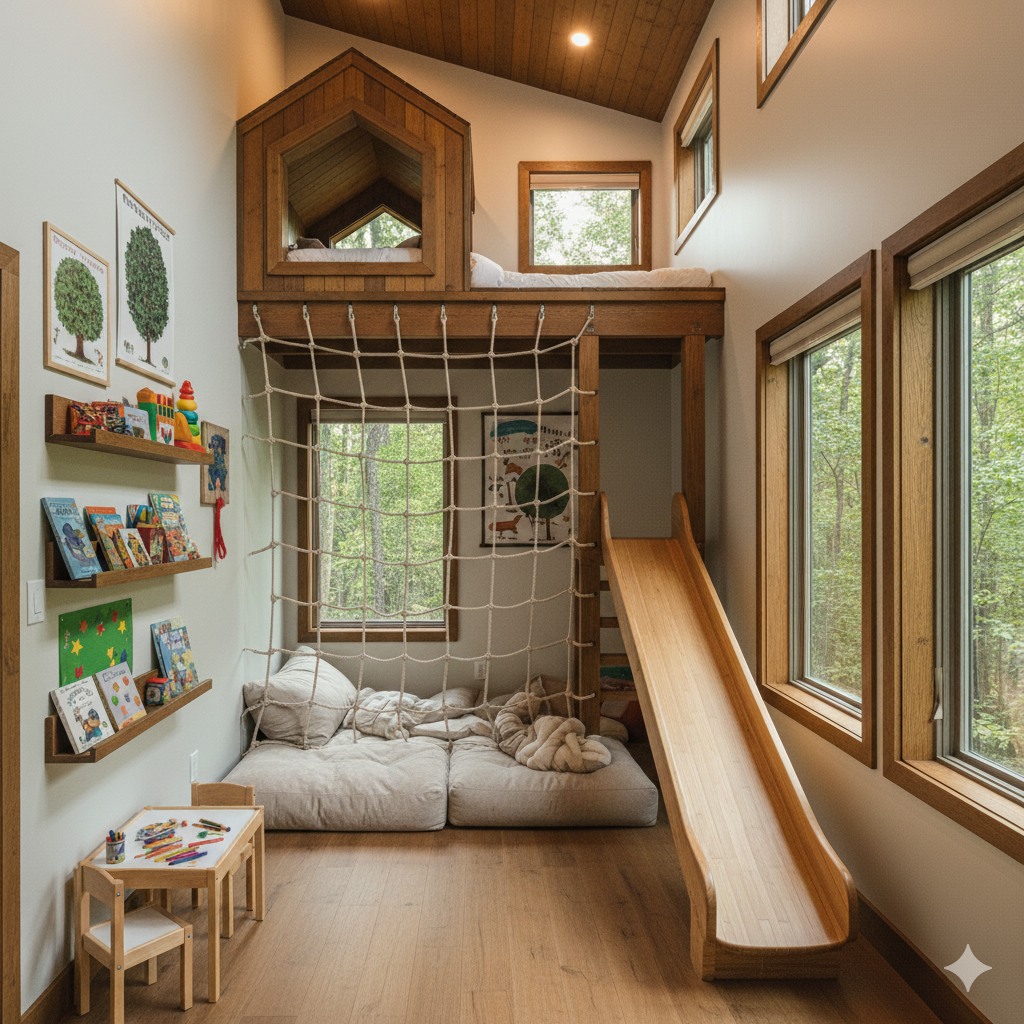 Kids' adventure area with climbing net, slide, and reading nook