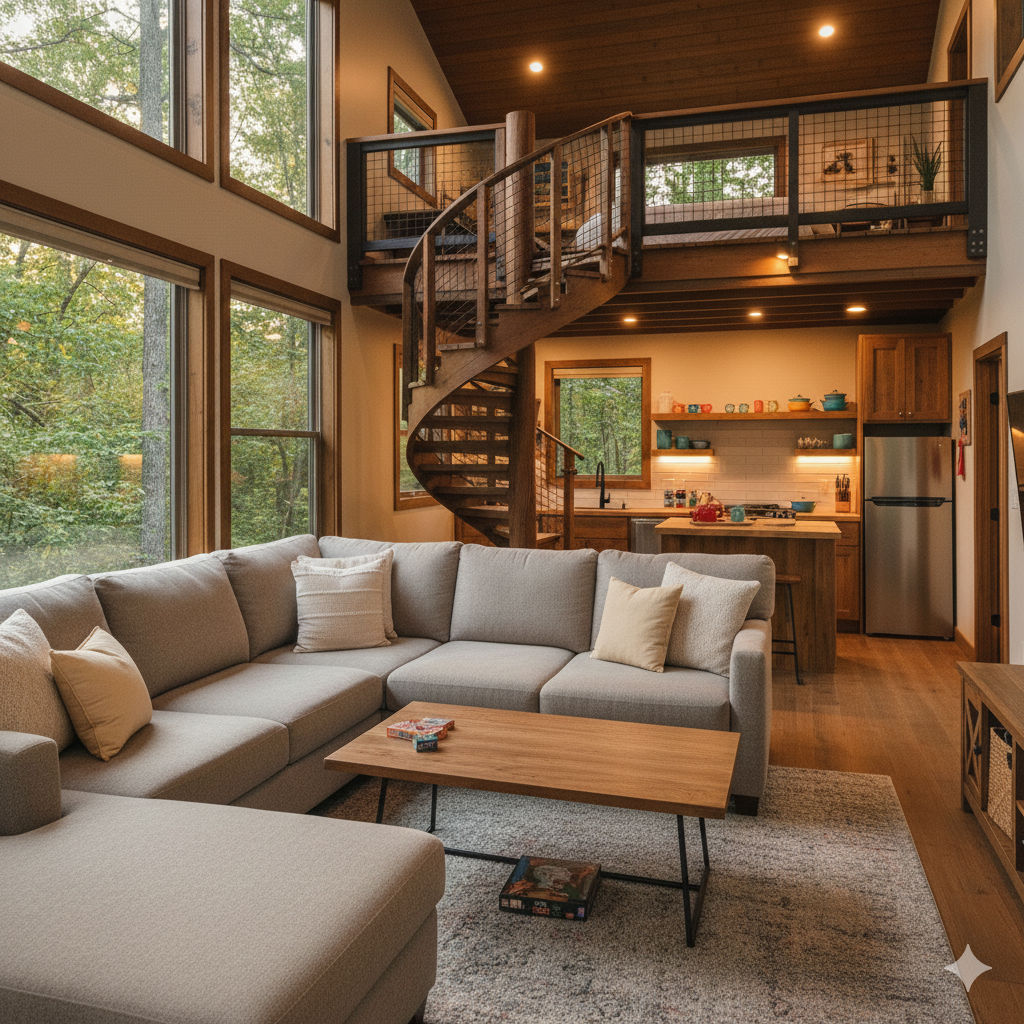 Modern kitchen and dining area with forest views